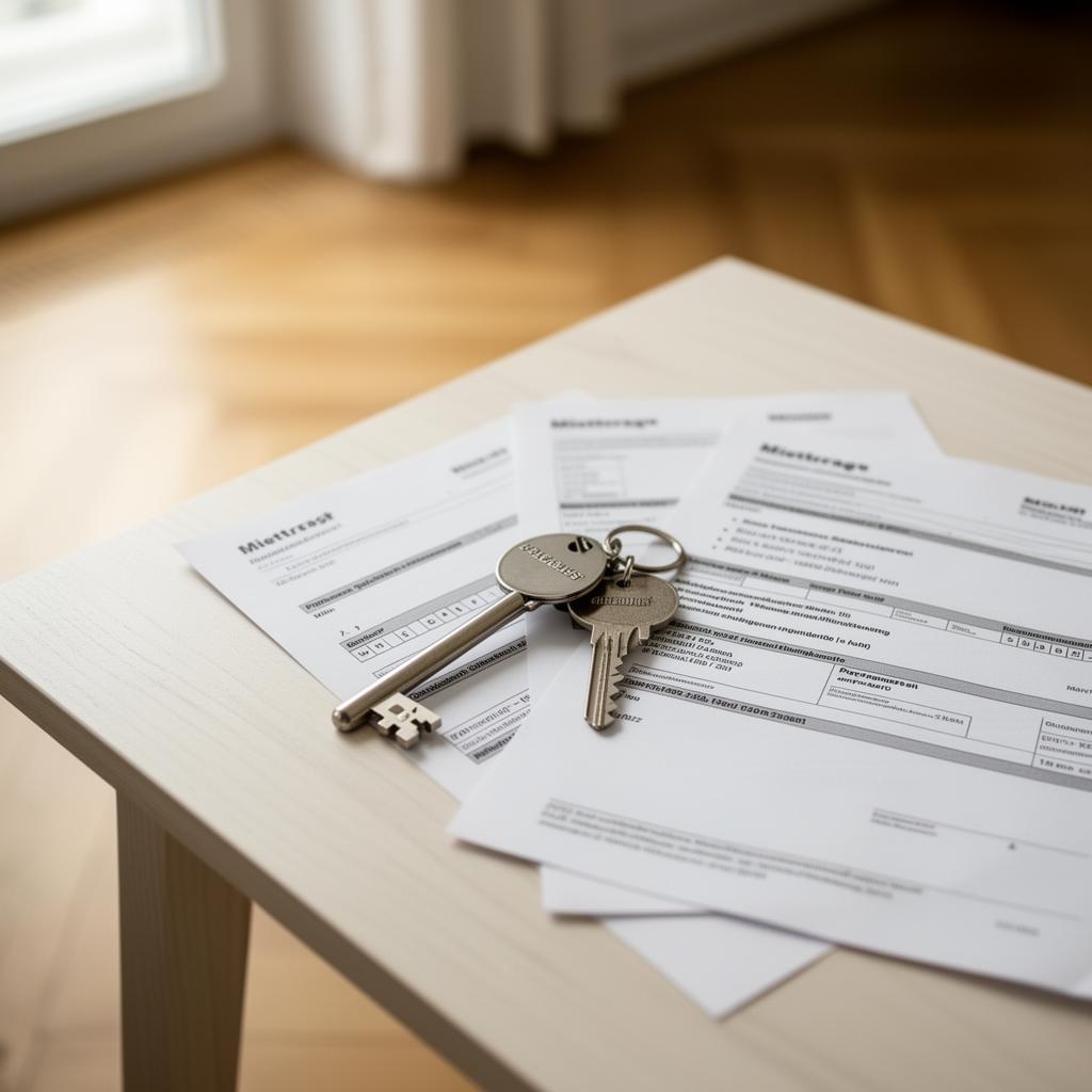 Wiener Mietvertrag, Schlüssel und Übergabeprotokoll auf Tisch – MRG-konforme Vermietung mit IZY-Immobilien